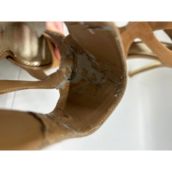 Bebe Size 8M Ultra High Suede Tan Heels with Strappy Design on Foot - Picture 6 of 9